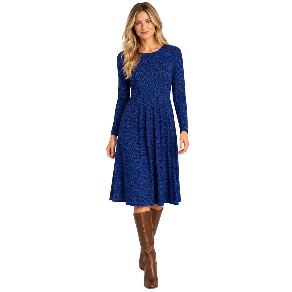 Boden Womens Blue Geometric Print Long Sleeve Fit and Flare Midi Dress Size 8R